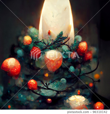 Red and golden christmas decorations on fir tree, lights, ornament background. 96310142