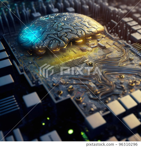 The motherboard of an advanced computer with a processor in the shape of a human brain. A machine learning machine using an artificial intelligence algorithm. SCFI concept. Future technology. The motherboard of an advanced computer with a processor in the shape of a human brain. A machine learning machine using an artificial intelligence algorithm. SCFI concept. Future technology. 96310296