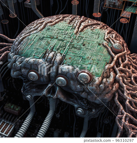 The motherboard of an advanced computer with a processor in the shape of a human brain. A machine learning machine using an artificial intelligence algorithm. SCFI concept. Future technology. 96310297