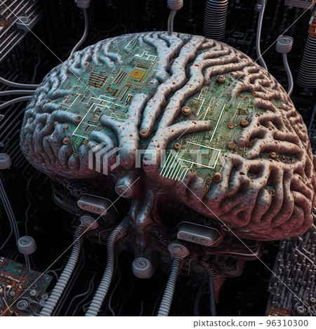 The motherboard of an advanced computer with a processor in the shape of a human brain. A machine learning machine using an artificial intelligence algorithm. SCFI concept. Future technology. The motherboard of an advanced computer with a processor in the shape of a human brain. A machine learning machine using an artificial intelligence algorithm. SCFI concept. Future technology. 96310300