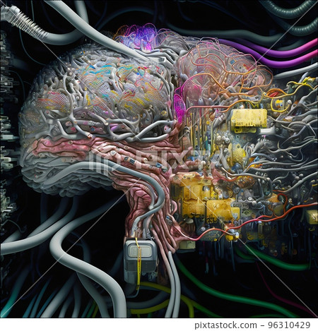 A prototype of the first Artificial Humanoid android brain. Advanced central processing unit. The core of artificial intelligence. 3D illustration of the cybernetic brain. A prototype of the first Artificial Humanoid android brain. Advanced central processing unit. The core of artificial intelligence. 3D illustration of the cybernetic brain. 96310429