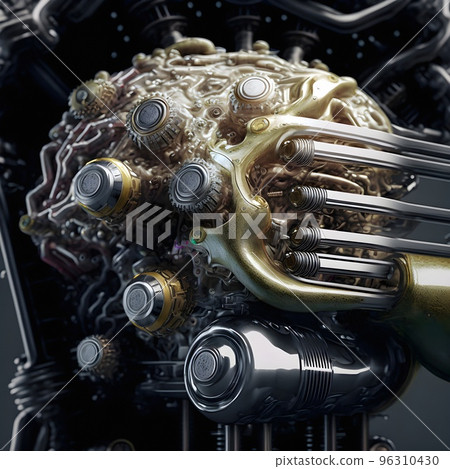 A prototype of the first Artificial Humanoid android brain. Advanced central processing unit. The core of artificial intelligence. 3D illustration of the cybernetic brain. A prototype of the first Artificial Humanoid android brain. Advanced central processing unit. The core of artificial intelligence. 3D illustration of the cybernetic brain. 96310430