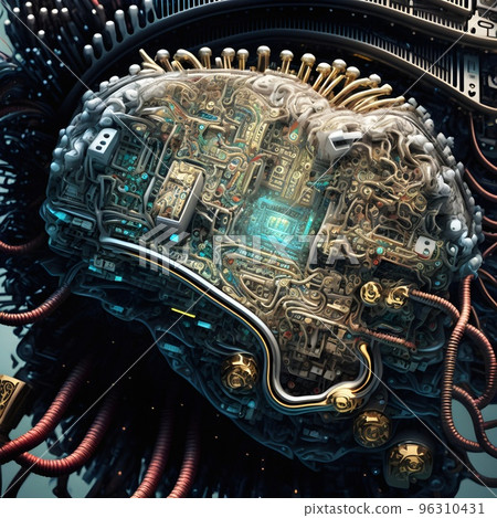 A prototype of the first Artificial Humanoid android brain. Advanced central processing unit. The core of artificial intelligence. 3D illustration of the cybernetic brain. 96310431