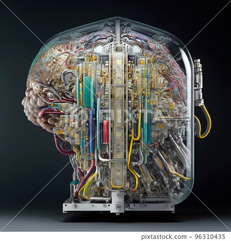 A prototype of the first Artificial Humanoid android brain. Advanced central processing unit. The core of artificial intelligence. 3D illustration of the cybernetic brain. A prototype of the first Artificial Humanoid android brain. Advanced central processing unit. The core of artificial intelligence. 3D illustration of the cybernetic brain. 96310435