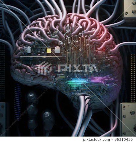 A prototype of the first Artificial Humanoid android brain. Advanced central processing unit. The core of artificial intelligence. 3D illustration of the cybernetic brain. A prototype of the first Artificial Humanoid android brain. Advanced central processing unit. The core of artificial intelligence. 3D illustration of the cybernetic brain. 96310436