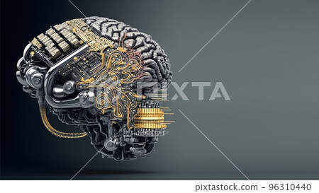 A prototype of the first Artificial Humanoid android brain. Advanced central processing unit. The core of artificial intelligence. 3D illustration of the cybernetic brain. A prototype of the first Artificial Humanoid android brain. Advanced central processing unit. The core of artificial intelligence. 3D illustration of the cybernetic brain. 96310440