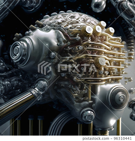 A prototype of the first Artificial Humanoid android brain. Advanced central processing unit. The core of artificial intelligence. 3D illustration of the cybernetic brain. A prototype of the first Artificial Humanoid android brain. Advanced central processing unit. The core of artificial intelligence. 3D illustration of the cybernetic brain. 96310441