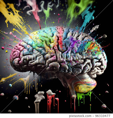 Conceptual illustration showing the human brain of multiple genders, more than two. Identifying as a non-binary, transsexual or LGBTQUARTO person. Rainbow explosion  96310477