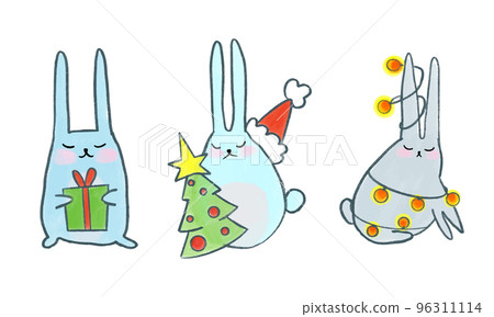 Vector Cute Christmas bunnies. Bunny with Christmas tree gift and garland. Winter illustration. Vector Cute Christmas bunnies. Bunny with Christmas tree gift and garland. Winter illustration. 96311114
