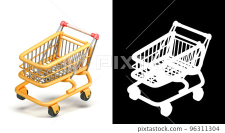 fly empty toon yellow shopping cart 3d render on white with alpha 96311304