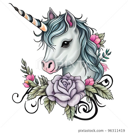 Beautiful unicorn portrait. Illustration for little kindergarten, preschool children, baby. 96311419