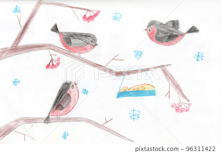 Winter birds. Drawing of child of bullfinchs feeding in feeder on tree 96311422