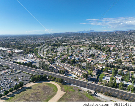 Aerial view of La Habra, city in the northwestern corner of Orange County, California, United States. 96311452
