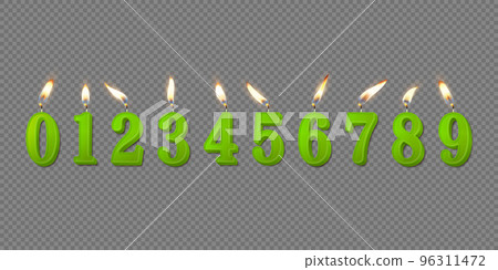 Vector 3d Realistic Paraffin or Wax Burning Green Birthday Party Candles, Numbers and Different Flame of a Candle Icon Set Isolated. Design Template, Clipart, Birthday Concept. Top View Vector 3d Realistic Paraffin or Wax Burning Green Birthday Party Candles, Numbers and Different Flame of a Candle Icon Set Isolated. Design Template, Clipart, Birthday Concept. Top View 96311472