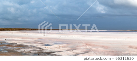 Panorama salt pink lake gray epic clouds on sky 96311630