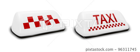 Vector 3d Realistic Taxi Car Roof Sign Icon Set Closeup Isolated on White. White and Red French Taxi Sign, Design Template for Taxi Service, Mockup. Front and Half Turn View 96311745