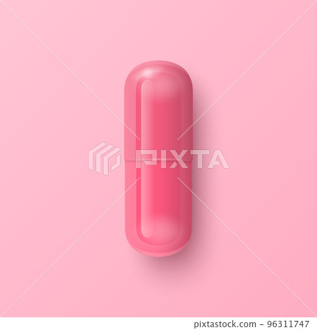 Vector 3d Realistic Pink Pharmaceutical Medical Pill, Capsule, Tablet on Pink Background. Front, Top View. Medicine, Health Concept 96311747