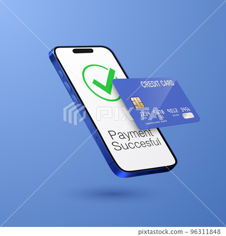 Vector 3d Realistic Blue Smartphone, Credit Card, Wi-Fi Successful Payment. Concept of Payment for Purchases by Card, Online Shopping. Design Template, Bank POS Terminal, Mockup. Processing NFC 96311848