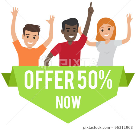 Sale banner with man and woman dancing near advertising poster. People rejoice in discounts Sale banner with man and woman dancing near advertising poster. People rejoice in discounts 96311968