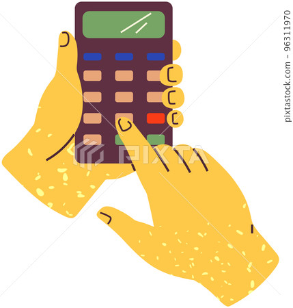 Businessman, accountant working with device to count. Hands hold calculator with buttons and display Businessman, accountant working with device to count. Hands hold calculator with buttons and display 96311970