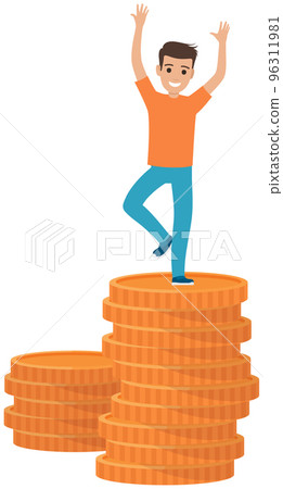 Male character dancing on pile of gold coins. Positive man rejoices at wealth and business success Male character dancing on pile of gold coins. Positive man rejoices at wealth and business success 96311981