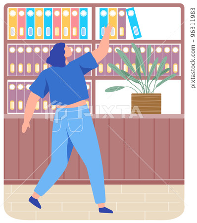 Woman standing near shelf with books and archive folders searching for book on bookshelf in office Woman standing near shelf with books and archive folders searching for book on bookshelf in office 96311983