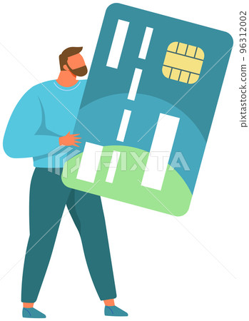 Businessman standing and holding credit card online payment and shopping symbol, savings, currency Businessman standing and holding credit card online payment and shopping symbol, savings, currency 96312002