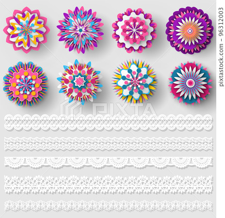 Set of different lace ribbons and colorful ornament samples. Seamless pattern for creating style 96312003