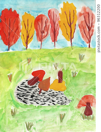 hedgehog with mushrooms on needles crawling in clearing in children drawing hedgehog with mushrooms on needles crawling in clearing in children drawing 96312200