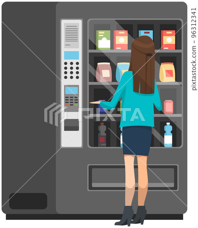 Lady standing next to vending machine and chooses snack or soda. Female character buying food Lady standing next to vending machine and chooses snack or soda. Female character buying food 96312341