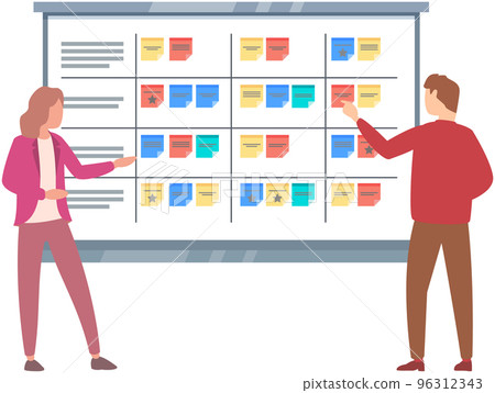 Planning schedule, business event and calendar with stickers. Colleagues discuss time management Planning schedule, business event and calendar with stickers. Colleagues discuss time management 96312343