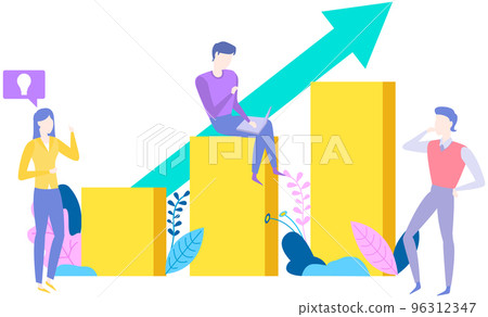 People analysing ascending arrow bar graph. Colleagues work with statistical indicators, statistics 96312347
