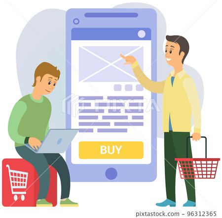 Men use application for shopping, online payment. People near smartphone with buy icon on screen 96312365