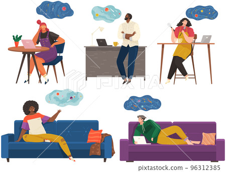 People thinking or making decision set, young man and woman dreaming of something, fantasize 96312385