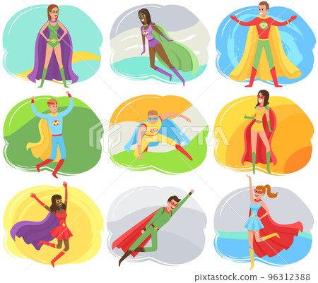 Strong super man smiles and flies to save world. Brave character in superhero costume with cloak 96312388