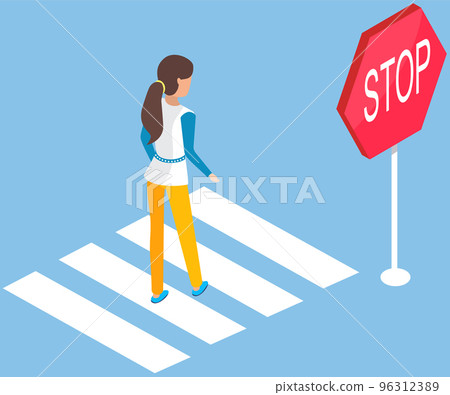 Woman crossing road near stop sign. Pedestrian walks along crosswalk. Lady going through carriageway 96312389