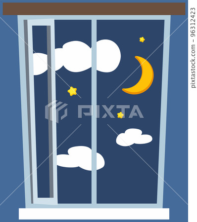 Night out window icon in cartoon style on blue background. Night sky with stars, clouds and moon 96312423