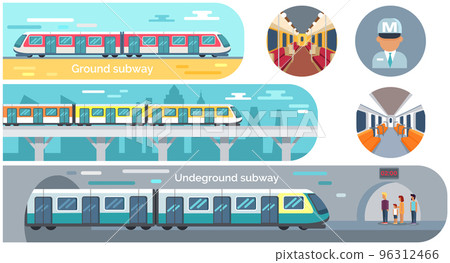 Set with moving staircase, navigation, passenger seats, trains of subway, public transport metro 96312466