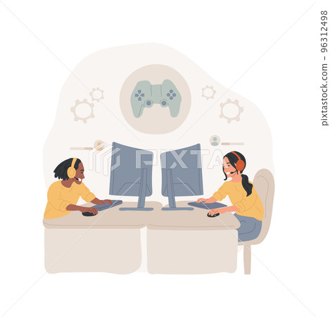 E-sports club isolated cartoon vector illustration. Middle and high school hobby club, e-sport local tournament, team of teenager play computer video game, wearing headset vector cartoon. 96312498