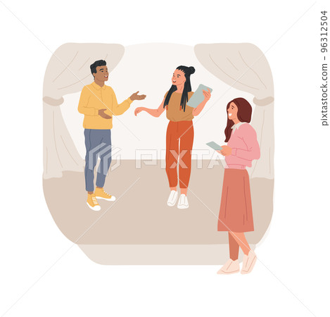 Acting isolated cartoon vector illustration. Education at high school, student club, drama rehearsal, actor audition, cinema clapper, people on stage, movie casting, performance vector cartoon. 96312504