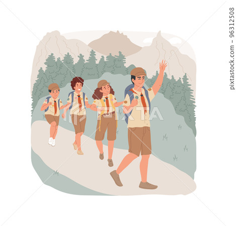 Scouting isolated cartoon vector illustration. Scout boy uniform, high school activity, american explorer, student club, tourist backpack, mountain hiking, outdoor summer camp vector cartoon. 96312508