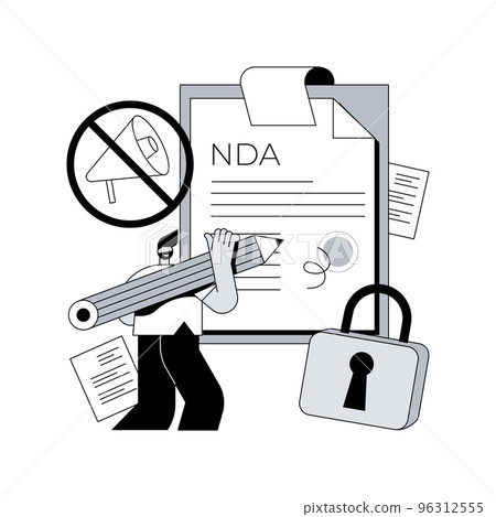 Nondisclosure agreement abstract concept vector illustration. Confidentiality legal form, nondisclosure contract, confidential information disclosure, employee liability abstract metaphor. 96312555