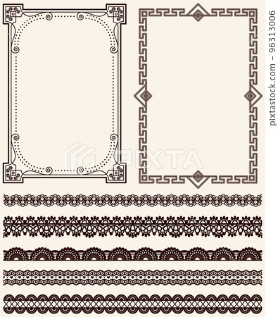 Set of wide lace ribbons and frames ornament in retro style. Pattern for creating style, vintage decor design 96313006