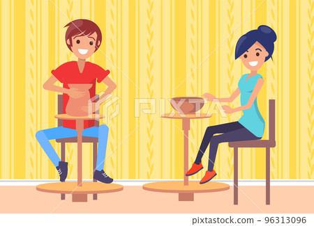 Man and woman masters making pottery at workshop. Potters work in studio and create clay products 96313096