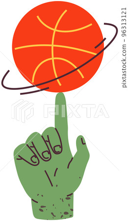 Sports team game symbol. Orange rubber ball with black stripes spinning on finger of green hand 96313121