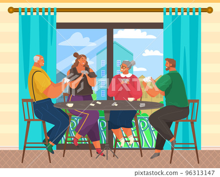Friends having rest with board games at home. Cartoon characters have great time together Friends having rest with board games at home. Cartoon characters have great time together 96313147