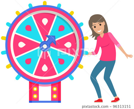 Young beautiful women dancing and celebrating victory. Spinning wheel of fortune to win jackpot 96313151