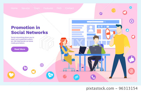 Employees working with media marketing, advertising. Promotion in social networks concept Employees working with media marketing, advertising. Promotion in social networks concept 96313154
