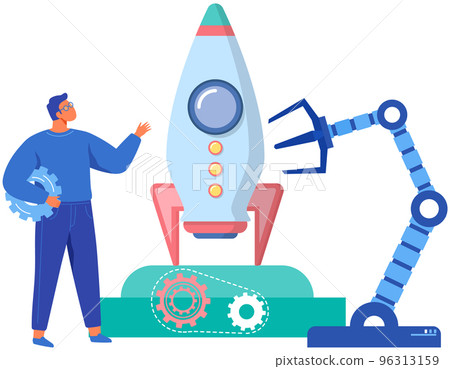 Man working with artificial intelligence for startup development. Robotic arm for rocket launch Man working with artificial intelligence for startup development. Robotic arm for rocket launch 96313159