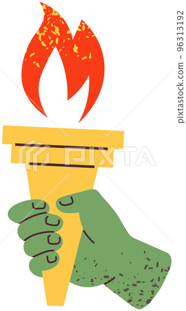 Fire in human hands as sign of Olympic Games. Torch with flame for grand opening of competition 96313192